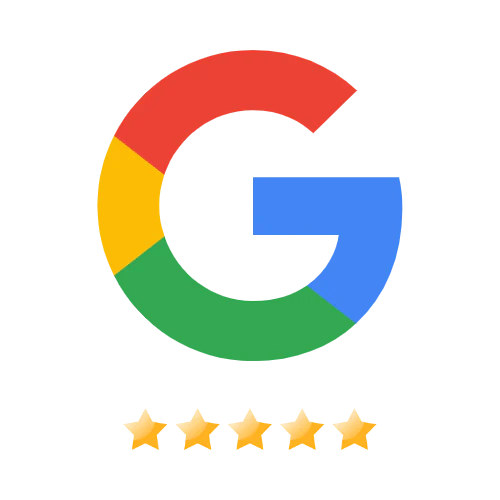 Google logo with five yellow stars below it on a white background