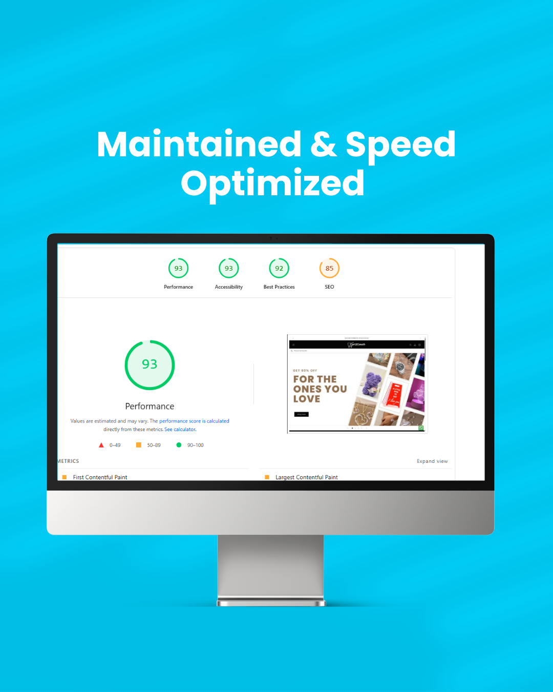 Real Website speed optimization results with high performance and SEO scores displayed on screen